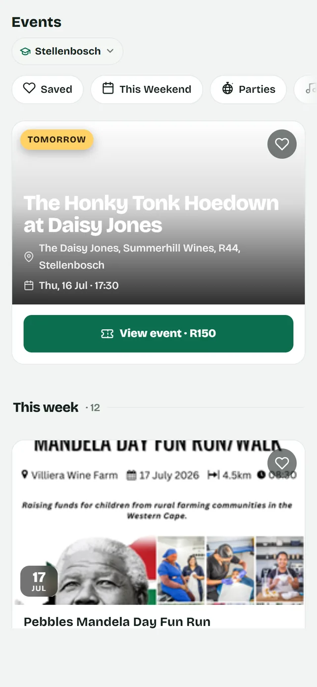 The UniBudz events feed showing parties and gigs on campus