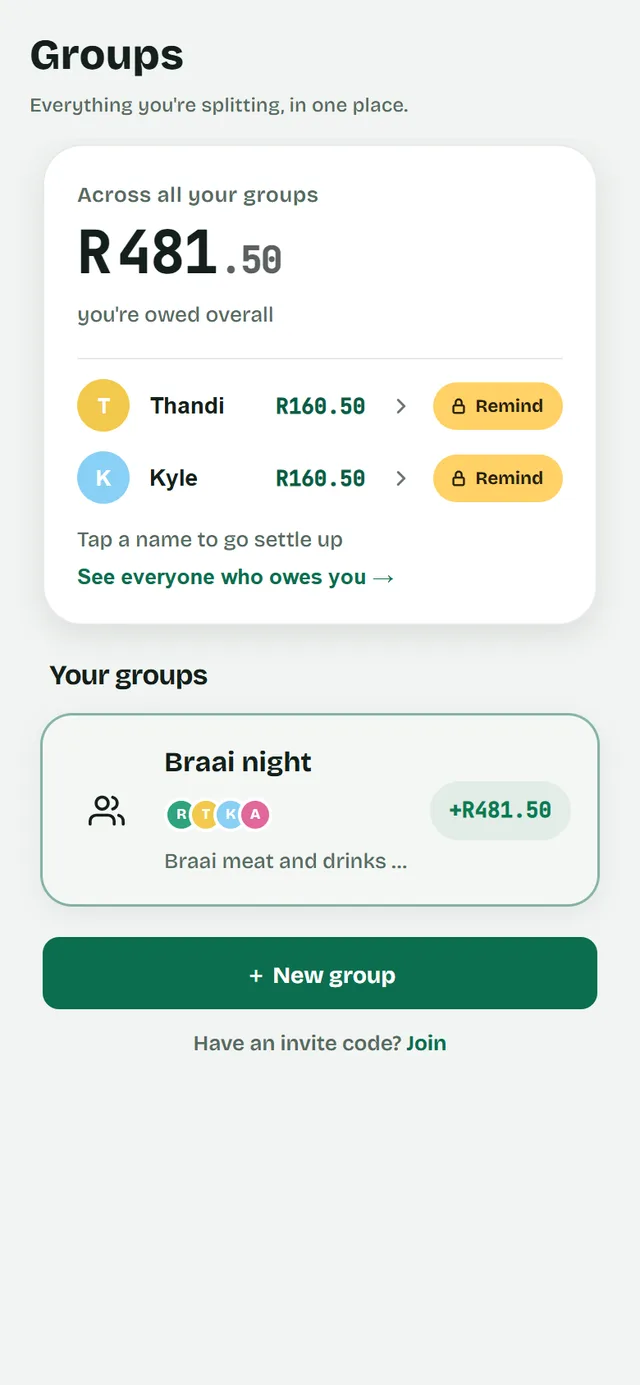 The UniBudz app showing who owes who after a night out, split to the cent