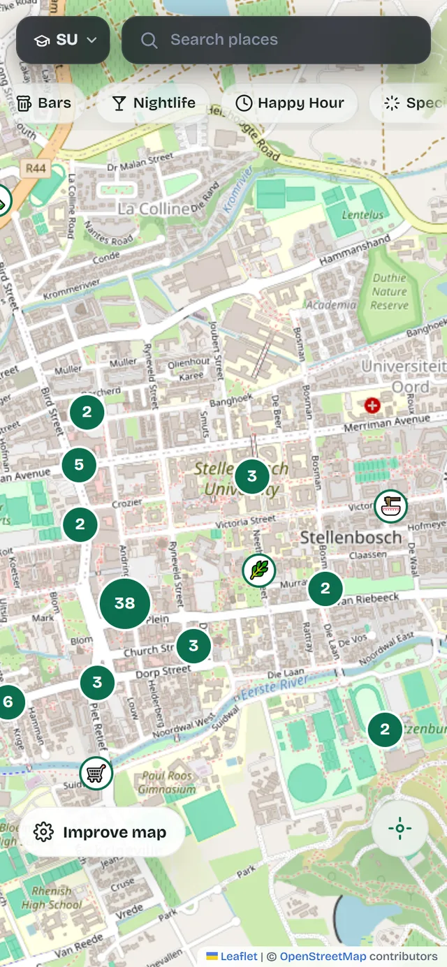 The UniBudz live deals map showing drink specials near Stellenbosch campus